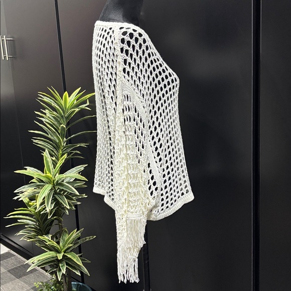 Ashley Stewart open knit crochet, mid sleeve with fringe,scoop neck top - Picture 5 of 8